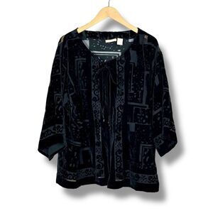 Choices Womens Black Velvet Burnout Kimono Top Size L Tie Front Sheer Flowy Boho